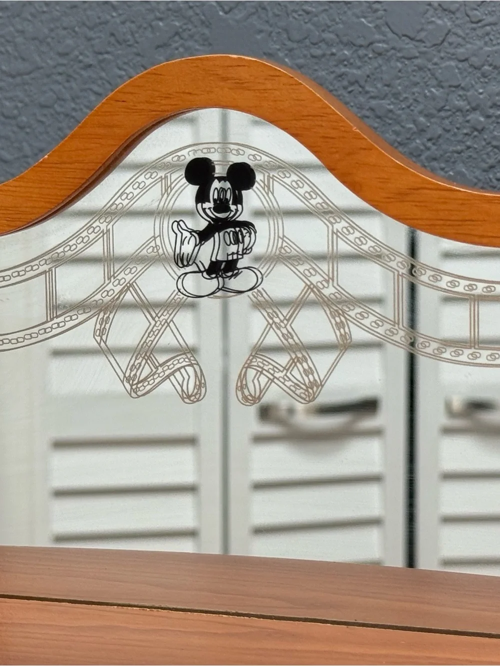 Vintage Disney Wood Mirror Shelf with Film-Strip Mickey Accent